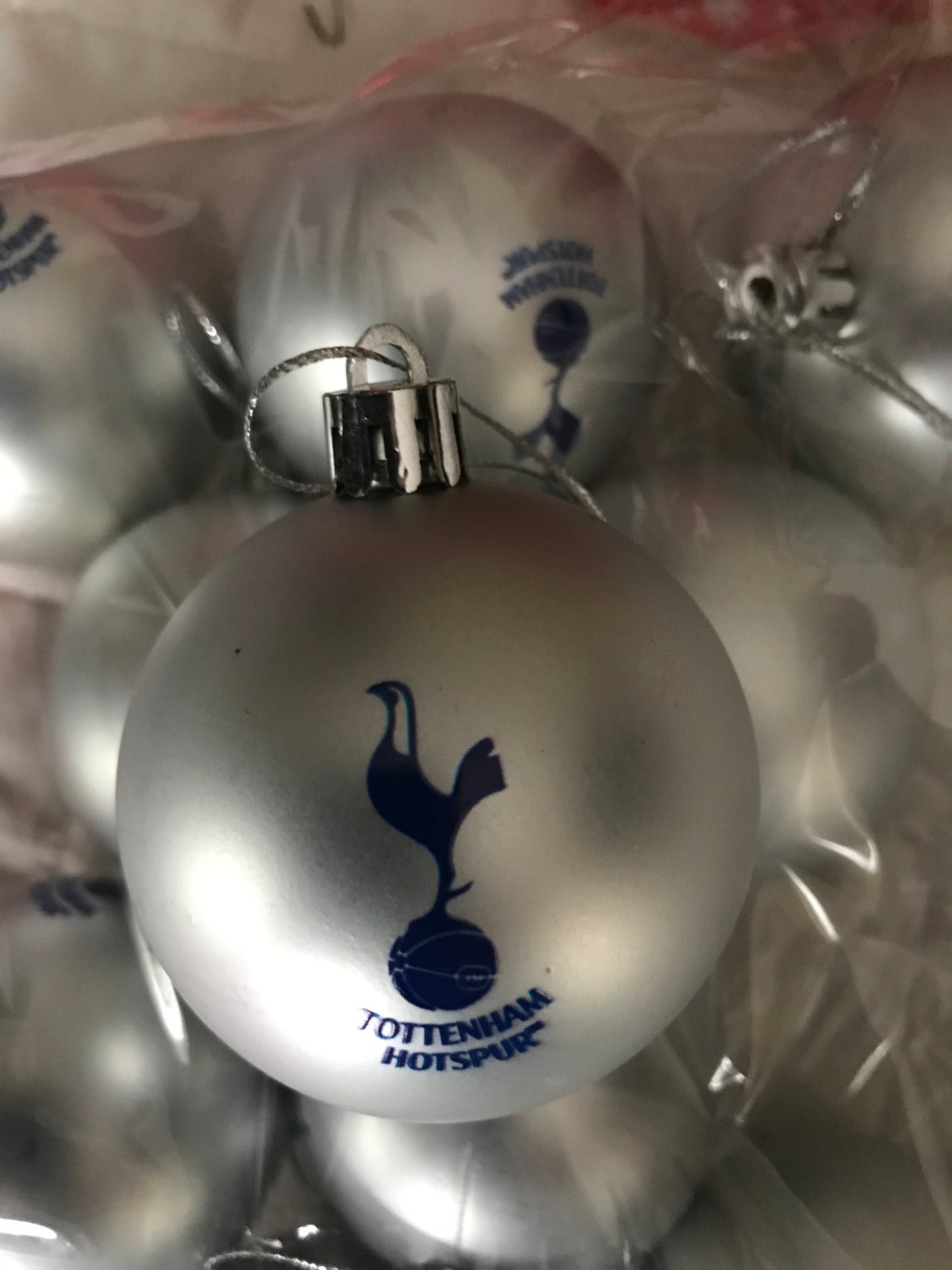 (10 Baubles in each pack) Tottenham Silver printed Christmas Decorations