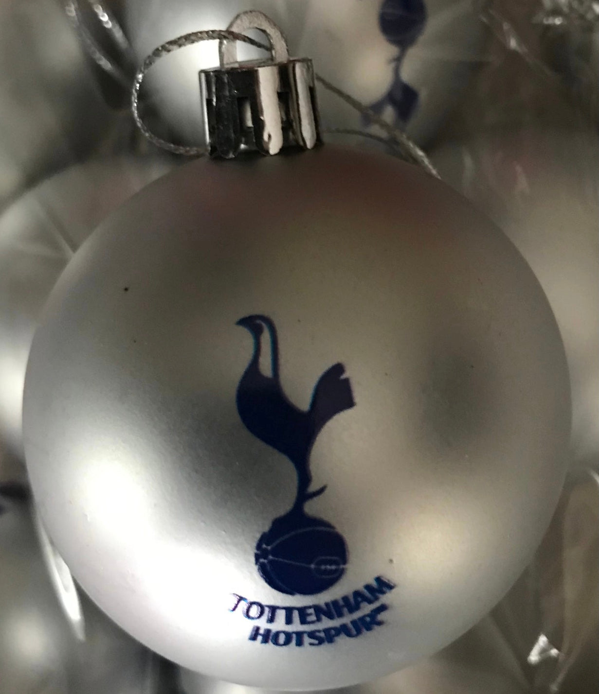 (10 Baubles in each pack) Tottenham Silver printed Christmas Decorations