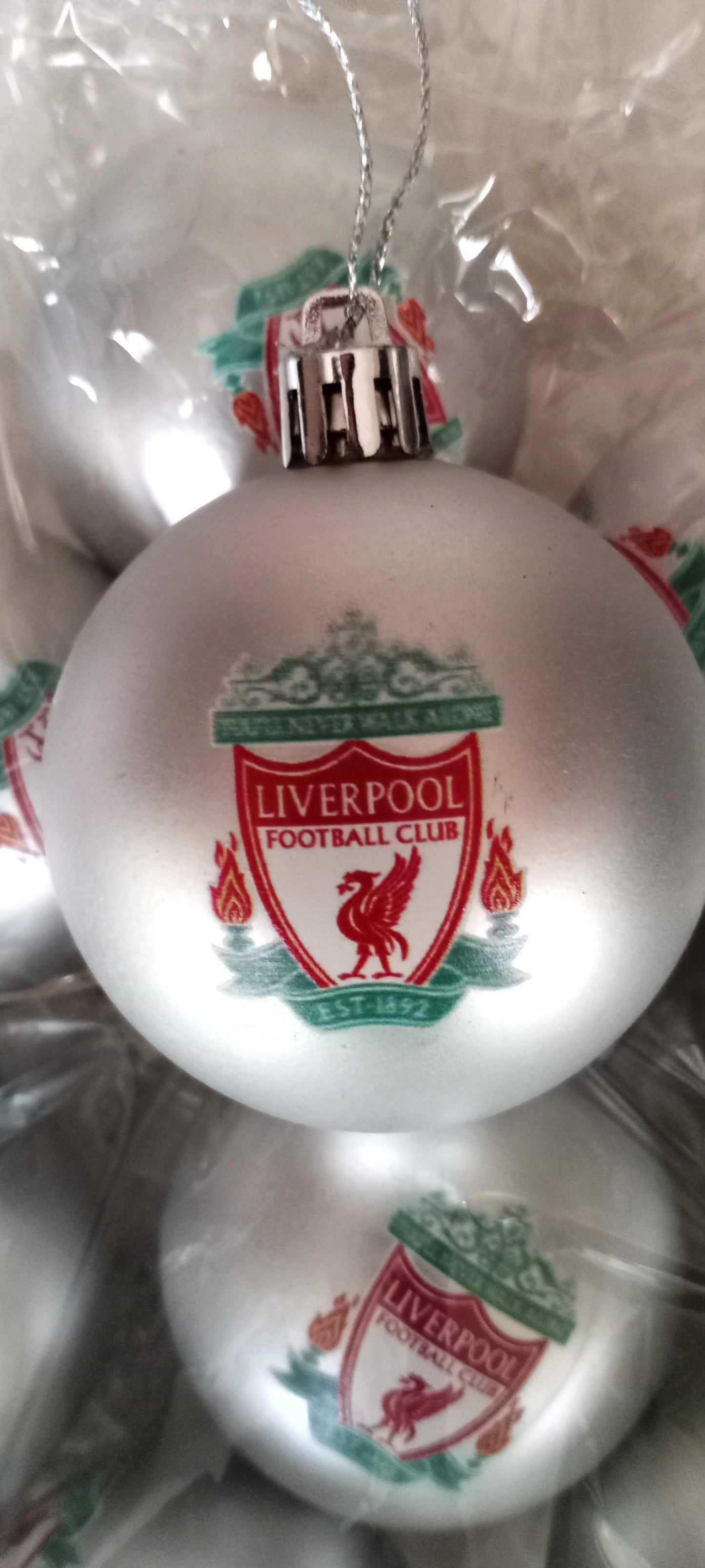 ( 10 Baubles in each  Pack ) Liverpool  Silver printed Christmas Tree Decorations